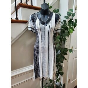 Cato Womens White & Black Polyester V-Neck Short Sleeve Knee Length Dress Medium